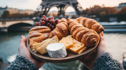 A person is holding a plate with a variety of food items, including croissants