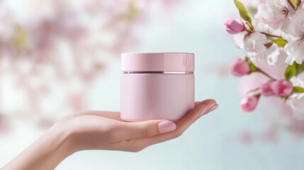 Hand holding pink pastel jar with cosmetic product, soft blurred background with subtle floral accents, delicate and feminine beauty photography.