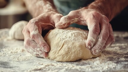 Close-up of hands kneading dough on a floured surface in a kitchen. The artisanal process captures the texture of the dough and hands, emphasizing traditional bread-making techniques. Generative AI