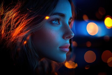 A woman, illuminated by vibrant, colourful lights