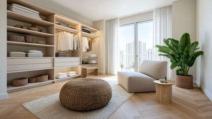 Spacious walk-in wardrobe with boutique feel, accent lighting, luxury material finish, and open floor plan concept