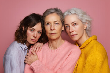 Three generations of women offering physical and emotional support to each other, standing together against a plain pastel background. .