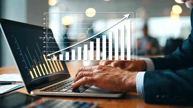 Businessman in modern office uses laptop to enhance quality control and reduce company costs with digital icons.