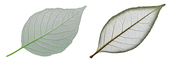 Close-up of transparent skeleton leaves in green and gold tones for botanical, nature, or organic design elements, isolated on transparent or white background