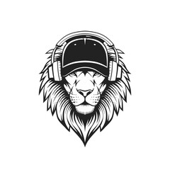 Bold black-and-white illustration of a lion sporting headphones and a baseball cap