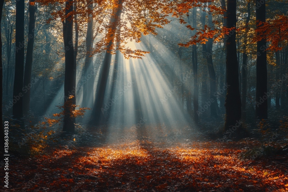 Poster Sunlight filters through trees creating a tranquil atmosphere over fallen leaves in a serene forest during autumn