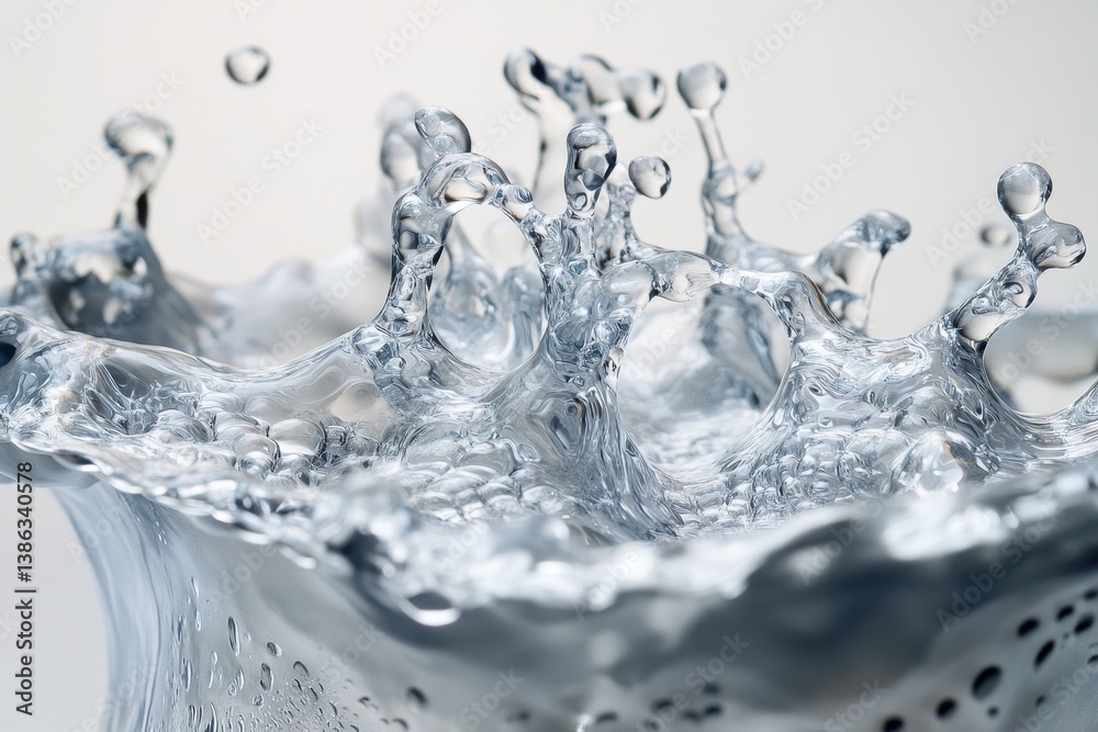 Poster Water droplets create dynamic splashes in a close-up view capturing the beauty of fluid motion with varying shades and textures during daylight