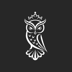 Black and white depiction of a powerful owl wearing a crown