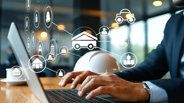 Businessman interacts with virtual safety icons on a laptop, emphasizing work safety standards and zero accident protocols in a modern office setting.
