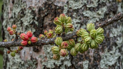 Lush mulberry tree branch showcasing green buds and red fruit contrasted against textured bark background Rustic and vibrant nature scene