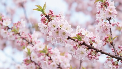 Experience the enchanting beauty of spring with a delicate cherry blossom branch in full bloom radiating soft pink hues and ethereal elegance