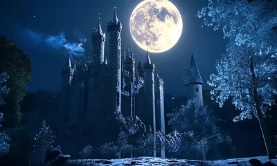 Medieval castle under full moonlight with mystical atmosphere and night sky
 - Powered by Adobe