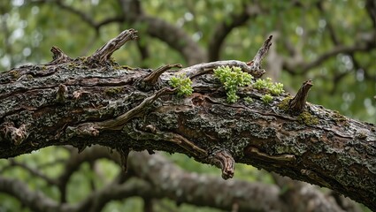 Obraz premium Close up of weathered sycamore tree branch with fresh green buds representing resilience and renewal in nature