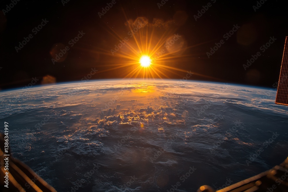 Aufkleber sunrise over earth viewed from space showcasing clouds and the curvature of the planet during the ea