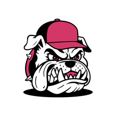 Bulldog illustration with a snarling expression, wearing a red baseball cap and a spiked collar