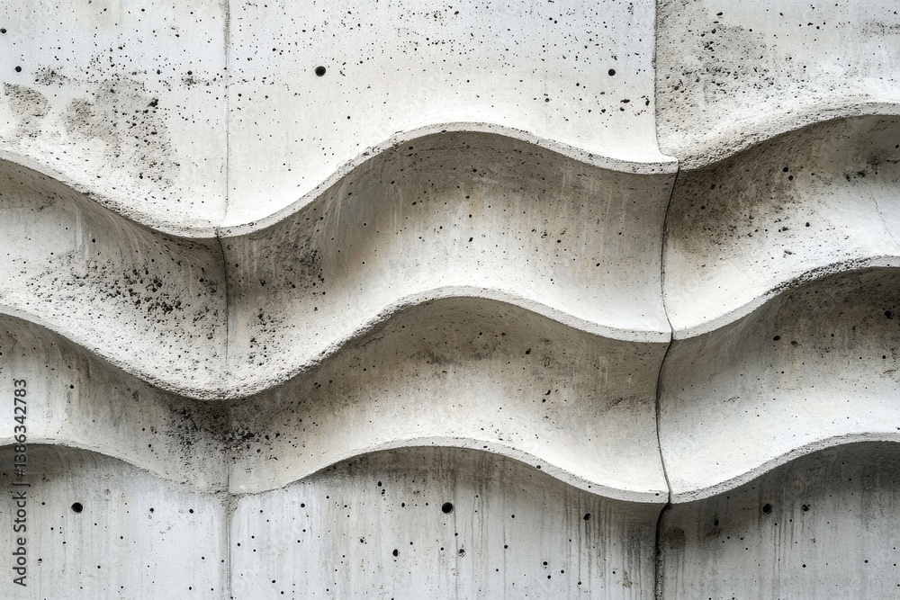 Poster Intricate textured concrete wall design showcasing waves of modern architecture in an urban setting during daylight