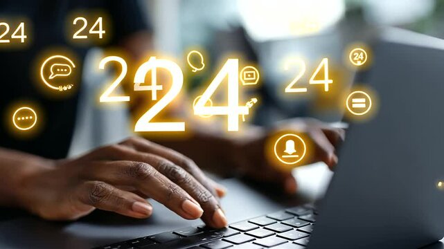 A bustling call center features a person interacting with virtual support service icons, embodying 24/7 customer service excellence.