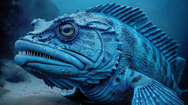 Close-up underwater portrait of a large blue fish, possibly resembling a lingcod or cabezon, on the seabed.