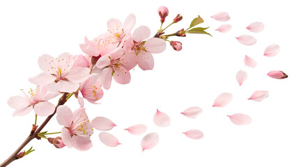A sprig of light pink cherry blossoms  and falling petals on a transparent background.