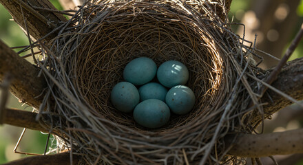 Bird Nest with Blue Eggs Surrounded by Nature  