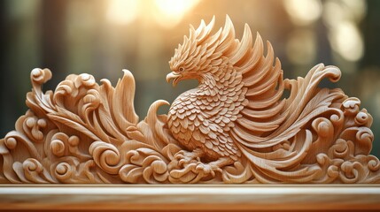 Intricate Wooden Carving of a Mythical Bird Amidst Flowing Waves Detailed Artwork for Decorati