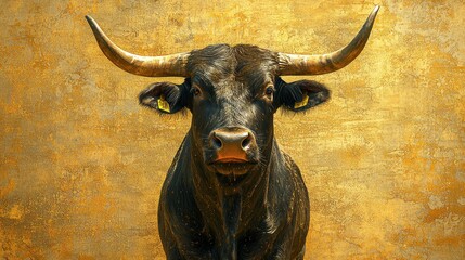 Naklejka premium Majestic Longhorn Bull Against Golden Background
