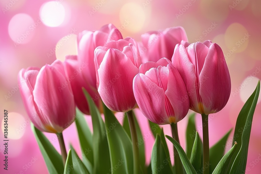 Poster beautiful bouquet of pink tulips arranged with green leaves against a soft bokeh background during s