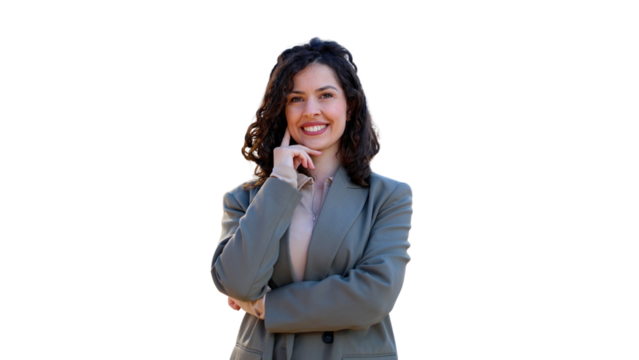 Smiling businesswoman touching chin on transparent background