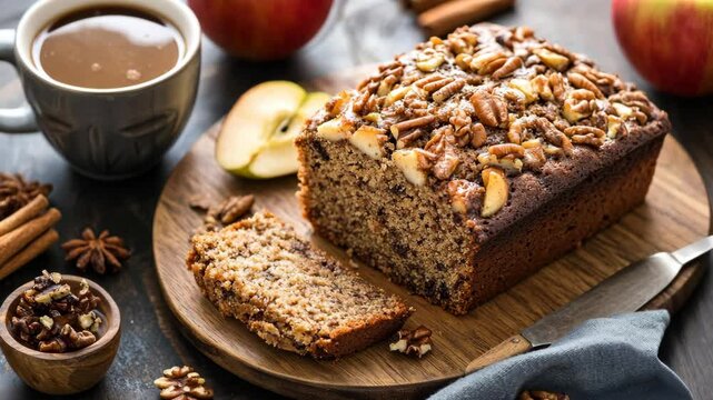 Warm apple nut bread served with coffee and fresh apples on a rustic wooden table