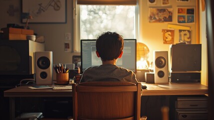 Fototapeta premium a little boy sitting in a chair at a desk in a room with a computer and speakers 