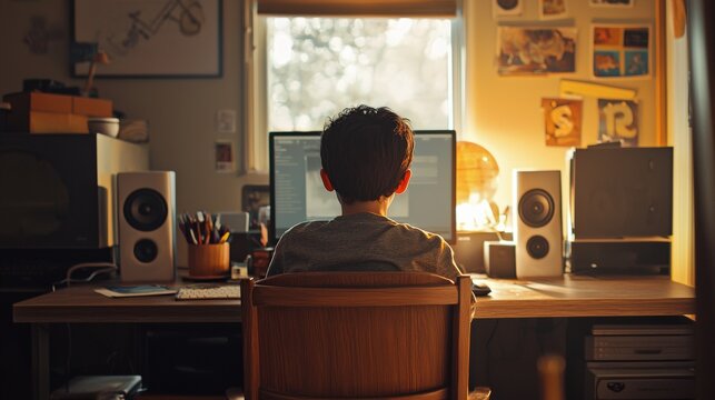 a little boy sitting in a chair at a desk in a room with a computer and speakers 
