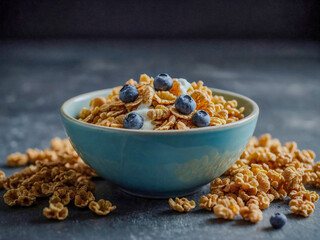 Bowl of crunchy cereal topped with yogurt, showcasing healthy eating.