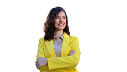 Confident businesswoman smiling with folded arms on transparent background