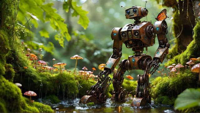 Robot in the green forest with glowing butterflies and mushrooms, Generative AI
