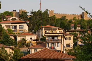 View of the old town of Ohrid with a medieval fortress on the mountain. Cityscape.
