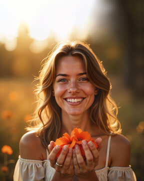 Young Woman Smiling While Holding Flowers Against a Sunset Background
