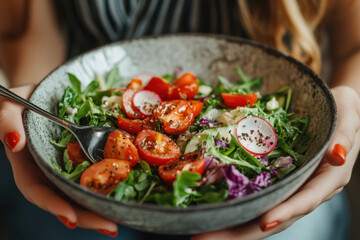 Woman holding a bowl of salad in a modern kitchen, smiling. Bright sunlight filtering through the window in the background, emphasizing healthy lifestyle.