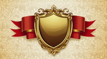 Ornate golden shield with red ribbon on damask background. Possible use design element, invitation, website background