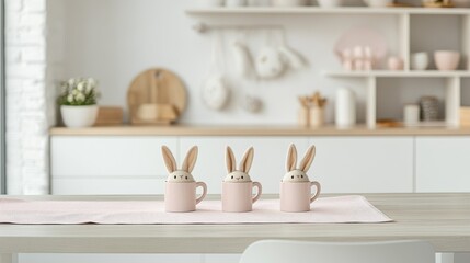 Minimalist White Kitchen Decorated for Easter with Cute Bunny Cups