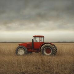 Vintage Red Tractor in Scenic Rural Landscape: Sustainable Farming & Harvesting Machinery at Sunset with Dramatic Sky