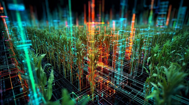 Digital Agriculture Revolution: A vibrant digital overlay transforms a verdant field, showcasing the technological advancement and precision of modern agriculture.