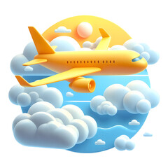 Vector 3d plane in sky icon. Simple cartoon render, flying yellow airplane in the clouds, isolated on white background