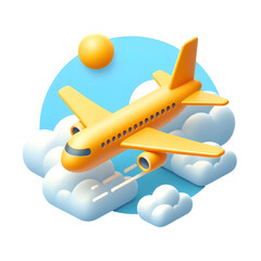 Vector 3d plane in sky icon. Simple cartoon render, flying yellow airplane in the clouds, isolated on white background