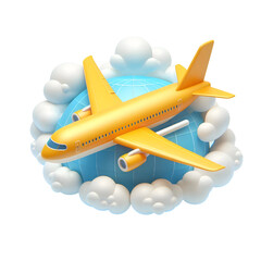 Vector 3d plane in sky icon. Simple cartoon render, flying yellow airplane in the clouds, isolated on white background