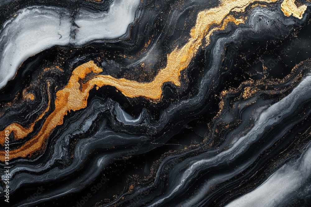 Poster elegant black and white marble texture with intricate patterns and shimmering golden accents for any