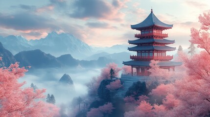 Serene Pagoda on Misty Mountain Peak with Blossoming Trees