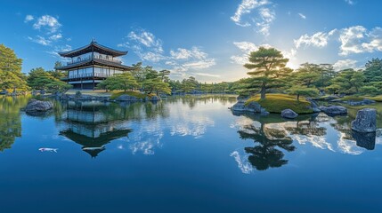 Serene Reflections in a Traditional Garden with Architectural Beauty and Natural Harmony
