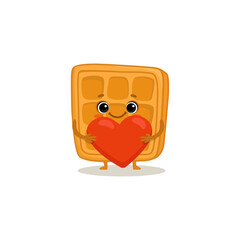 Happy cartoon Viennese waffle with red heart isolated on whute background. Cute wafer in flat style for card, menu, valentines day. Vector illustration