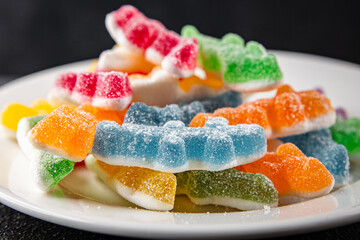 Jelly candy sweet dish dessert fresh gourmet food background on table rustic food top view copy space