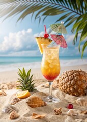 Tropical drink with pineapple and umbrella